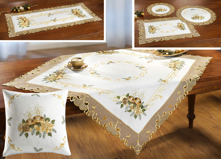 - Herrliche sektfarbene Tisch- und Raumdekoration, in Größe 101 (Deckchen, 35/ 50 cm) bis 404 (Kissenbezug, 40/ 40 cm), in Farbe SEKT