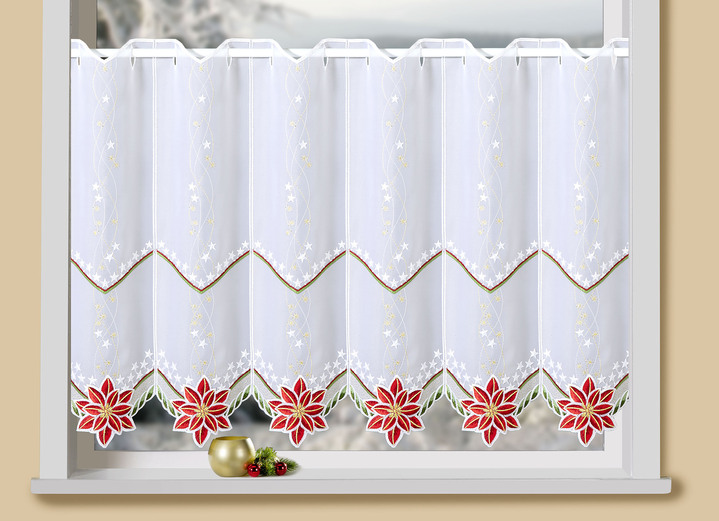 Plauener Stickerei - Kurzstore mit Blüten-Weihnachtsstern, in Größe 825 (H35xB 95 cm) bis 862 (H55xB160 cm), in Farbe WEISS-ROT Ansicht 2