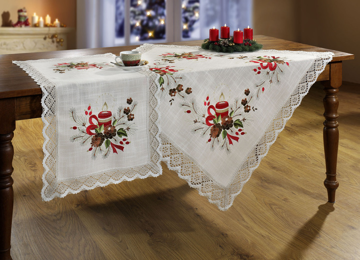 Tischdecken - Raumdekoration mit festlichem Weihnachtsmotiv, in Größe 103 (Läufer, 50/100 cm) bis 404 (Kissenbezug, 40/ 40 cm), in Farbe BUNT, in Ausführung Maschinengestickt Ansicht 1
