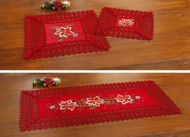 - Tisch- und Raumdekoration mit Makrameeborte und floralen Stickereien, in Größe 101 (Läufer, 40/ 85 cm) bis 404 (Kissenbezug, 40/ 40 cm), in Farbe ROT Ansicht 1