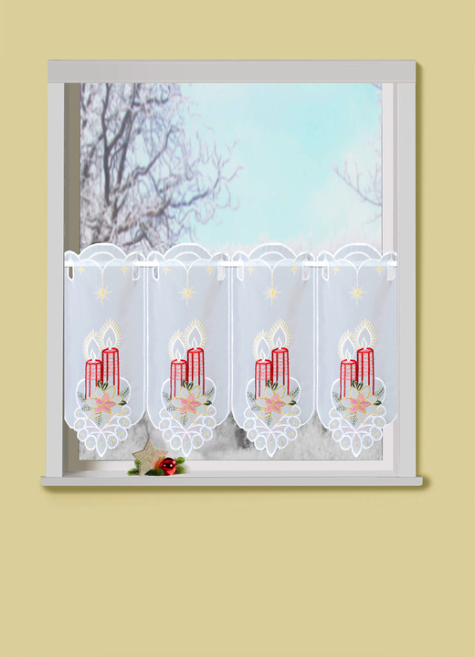 Fensterdekorationen - Weihnachtlich bestickter Kurzstore, in Größe 786 (H45xB 85 cm) bis 788 (H45xB115 cm), in Farbe WEIß-BUNT Ansicht 1