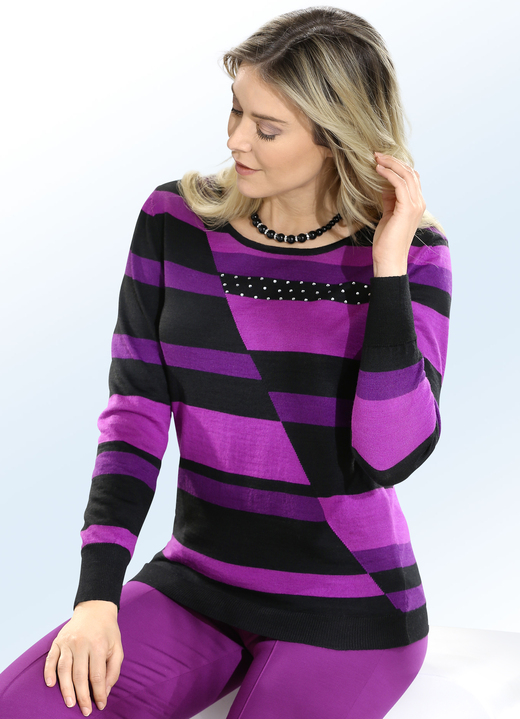 - Pullover mit versetztem Streifendessin, in Größe 038 bis 052, in Farbe SCHWARZ-LILA-VIOLETT
