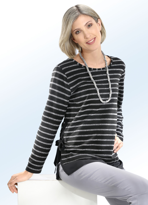 - Shirt mit seitlichen Chiffon-Einsatz mit Bindeband, in Größe 036 bis 040, in Farbe SCHWARZ-SILBER