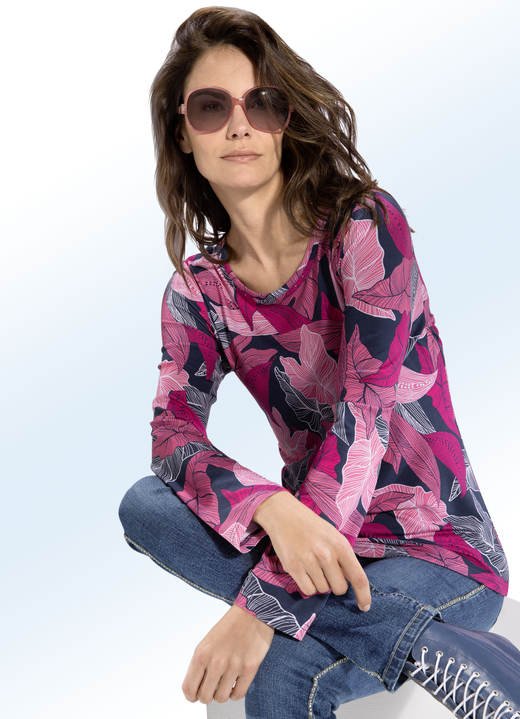 Langarm - Shirt mit schöner Strasszier in 3 Farben, in Größe 036 bis 052, in Farbe PINK-MARINE-BUNT Ansicht 1