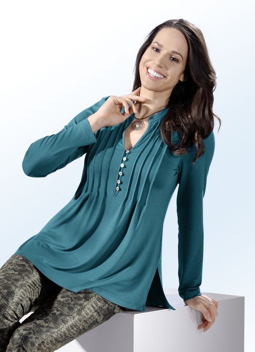 Tuniken - Shirt-Tunika mit Schmuckknopfleiste, in Größe 036 bis 054, in Farbe OLIV Ansicht 6