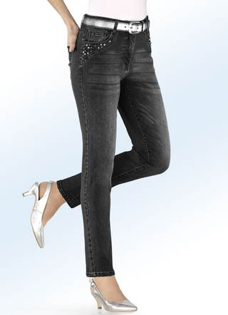 5-Pocket-Jeans mit Perlen- und Schmucksteinbesatz