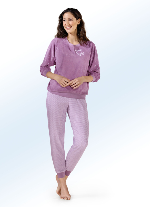 Schlafanzüge & Shortys - Schlafanzug aus Frottierstretch mit Knopfleiste, in Größe 034 bis 052, in Farbe MAUVE-ECRU Ansicht 1