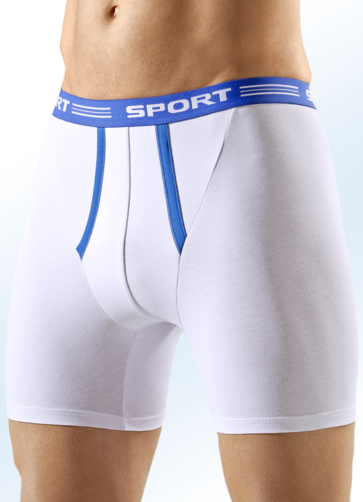 Pants & Boxershorts - Dreierpack Pants, uni mit Kontrastpaspeln, in Größe 004 bis 010, in Farbe 2X WEISS-AZURBLAU, 1X UNI AZURBLAU