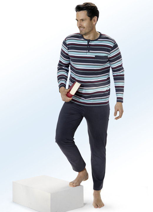 Schlafanzüge - Zweierpack Schlafanzüge mit Knopfleiste und garngefärbtem Ringeldessin, in Größe 046 bis 062, in Farbe 1X BLAU-ORANGE, 1X GRAU-MINT Ansicht 2