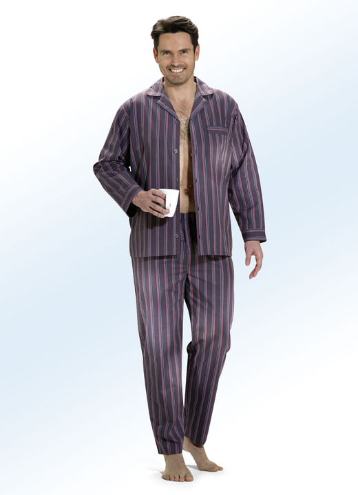 Schlafanzüge - Schlafanzug, durchgeknöpft, aus Webware mit Streifendessin, in Größe 048 bis 058, in Farbe GRAFIT-BORDEAUX
