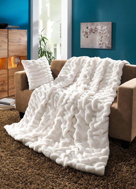 Decken - Sanfte, edle Webpelz-Felldecke Premium und Kissenbezug, in Größe 215 (Felldecke, 150x200 cm) bis 905 (Kissenbezug, 40x40 cm), in Farbe WEISS
