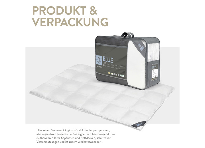 Bettwaren - In Deutschland hergestelltes Daunenprogramm aus dem Hause Spessarttraum Ansicht 9 Bettwaren - In Deutschland hergestelltes Daunenprogramm aus dem Hause Spessarttraum, in Größe 103 (135/200 cm) bis 121 (40/ 80 cm), in Farbe , in Ausführung Blue Kissen Ansicht 9