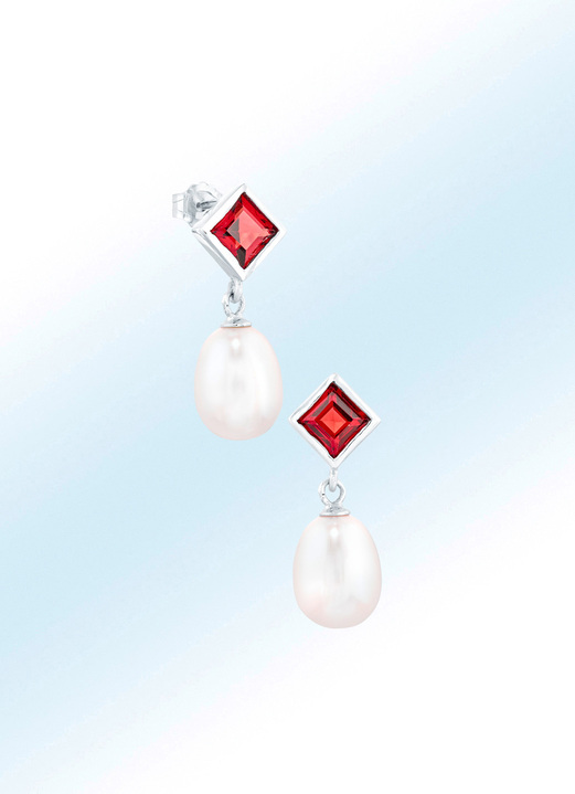 Ohrschmuck - Elegante Ohrstecker mit echt Granat und Süßwasser-Zuchtperlen, in Farbe