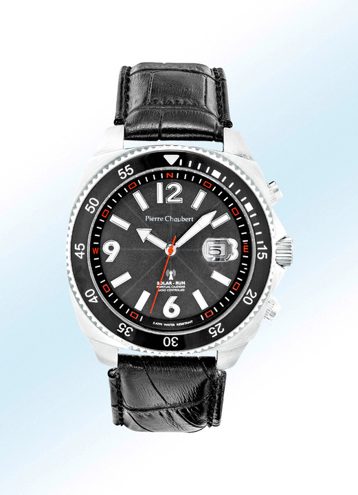 Funkuhren/Solaruhren - Pierre Chaubert Funk-Solar-Herrenuhr mit Edelstahlgehäuse und Lederband, in Farbe