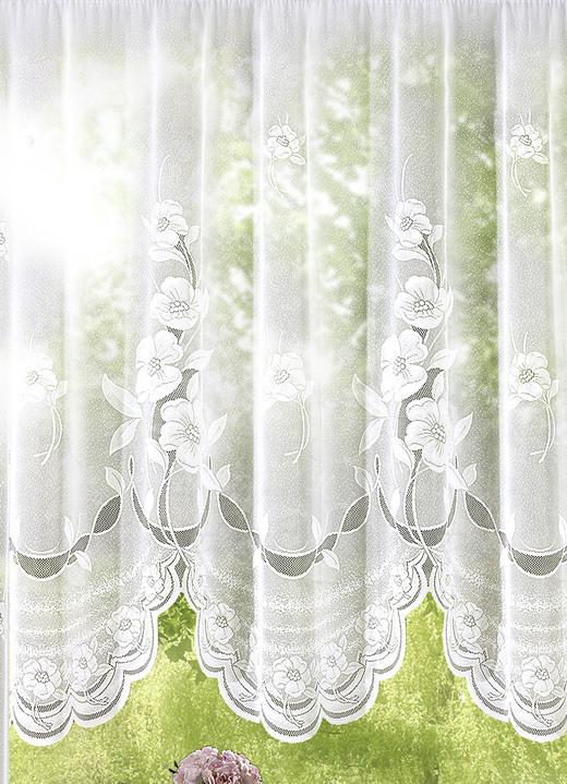 Klassisch - Bogenstore mit Blumengirlanden, in Größe 140 (120x300 cm) bis 165 (145x600 cm), in Farbe WEIß Ansicht 1
