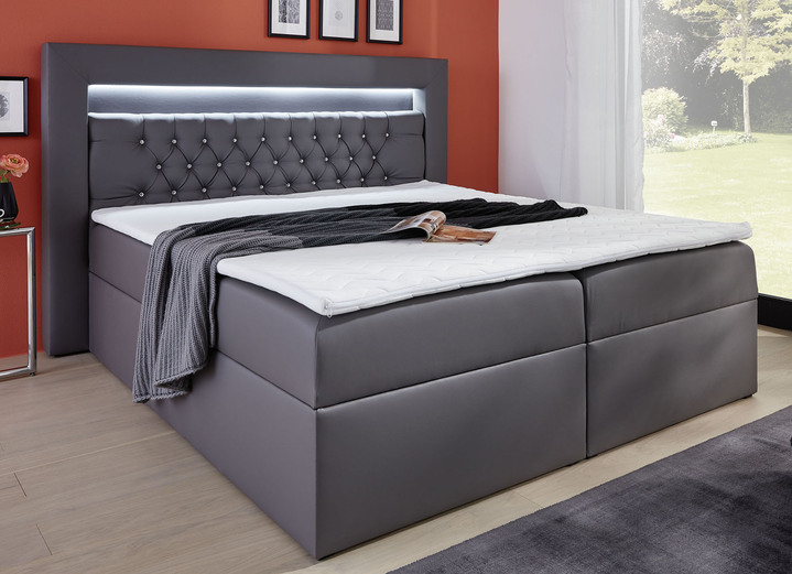 - Boxspringbett mit LED-Beleuchtung, Bettkasten und Topper, in Farbe GRAU Ansicht 1