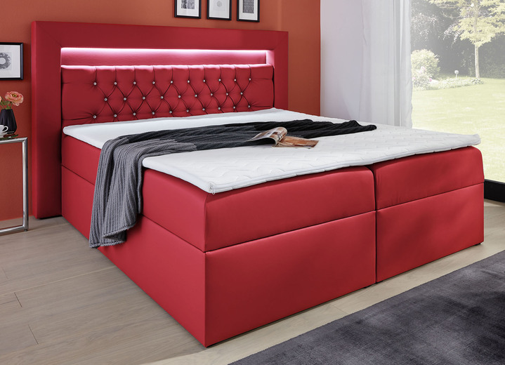 - Boxspringbett mit LED-Beleuchtung, Bettkasten und Topper, in Farbe ROT