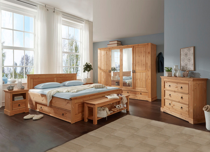 Bettgestelle - Schlafzimmerprogramm aus massivem Kiefernholz, in Farbe EICHE, in Ausführung Bettbank