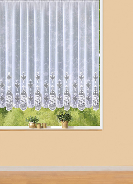 Klassisch - Luftig-leichter Blumenfenster-Store, in Größe 140 (H120xB300 cm) bis 179 (H175xB450 cm), in Farbe WEISS Ansicht 1