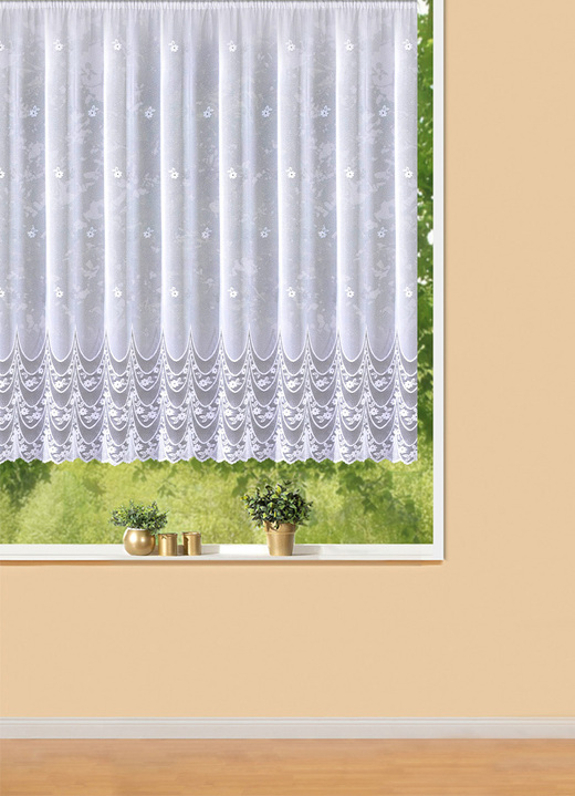 Klassisch - Wundervoller Blumenfenster-Store, in Größe 140 (H120xB300 cm) bis 179 (H175xB450 cm), in Farbe WEIß Ansicht 1
