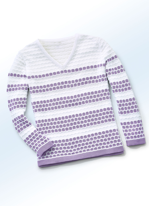 - Pullover in 2 Farben mit pfiffigem Dessin, in Größe 036 bis 052, in Farbe FLIEDER-WEISS