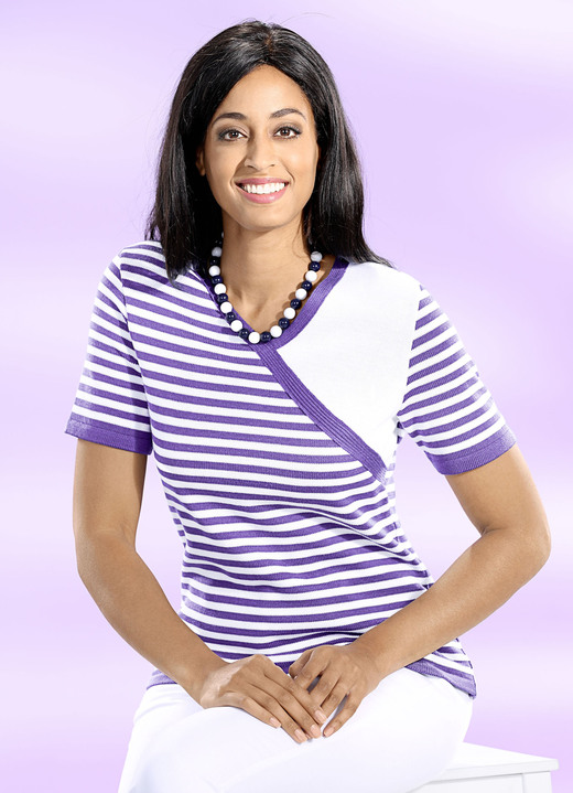 Kurzarm - Pulli in Wickeloptik, in Größe 036 bis 052, in Farbe MARINE-WEISS Ansicht 2