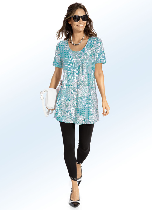 Kurzarm - Longshirt mit Faltenlegung in 3 Farben, in Größe 038 bis 056, in Farbe MINT-WEISS Ansicht 2