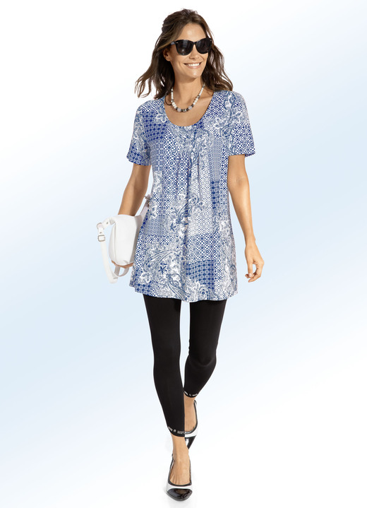Kurzarm - Longshirt mit Faltenlegung in 3 Farben Ansicht 2 Kurzarm - Longshirt mit Faltenlegung in 3 Farben, in Größe 038 bis 056, in Farbe ROYALBLAU-WEISS Ansicht 2