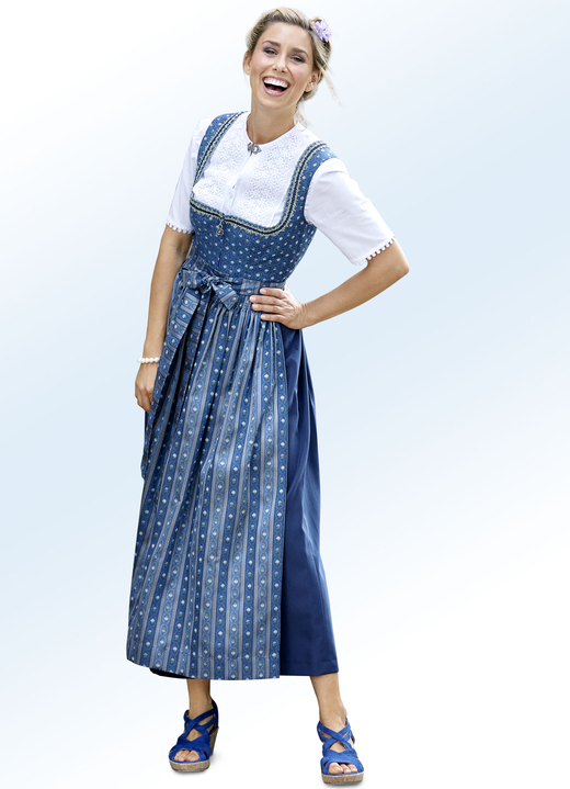 - Dirndl mit Schürze und Schmuckanhänger, in Größe 038 bis 056, in Farbe BLAU-ECRU