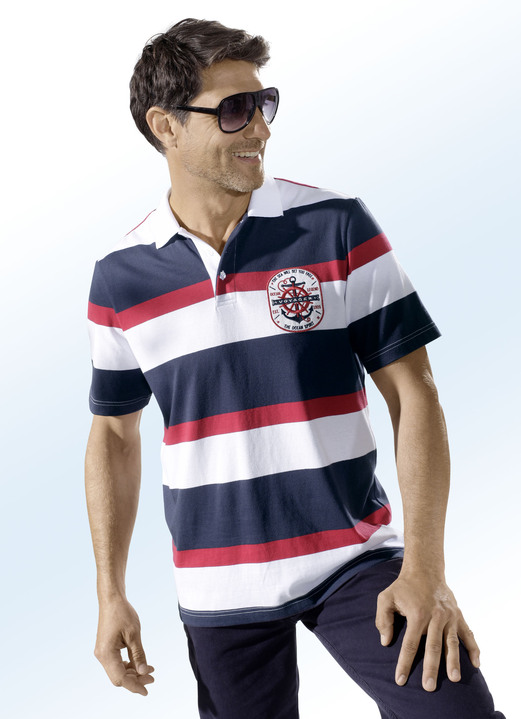 Shirts - Fabelhaftes Poloshirt mit kurzer Knopfleiste, in Größe 046 bis 062, in Farbe WEISS-MARINE-ROT