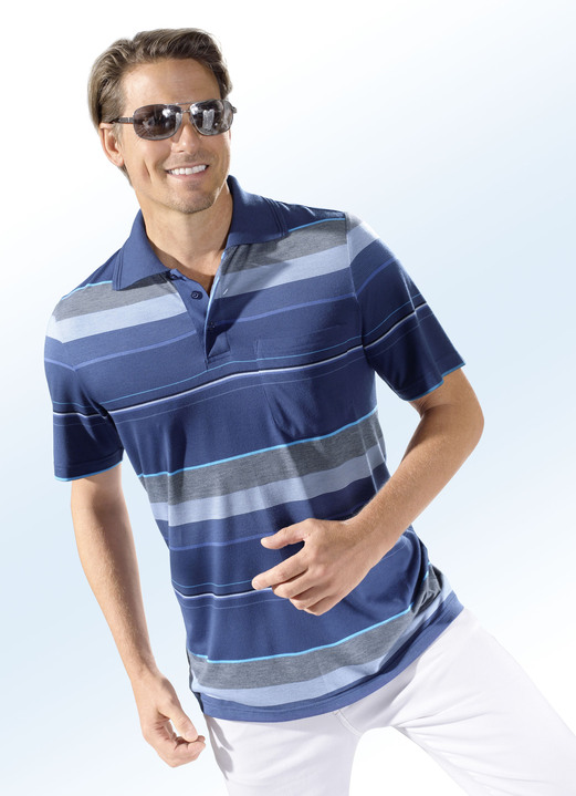 Shirts - Poloshirt mit Brusttasche , in Größe 046 bis 062, in Farbe BLAU-BUNT