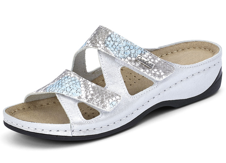Sandaletten & Pantoletten - ELENA EDEN, bequeme Damen-Pantoletten, Weite G, mit Klettverschluss, in Größe 036 bis 042, in Farbe SILBER-TÜRKIS