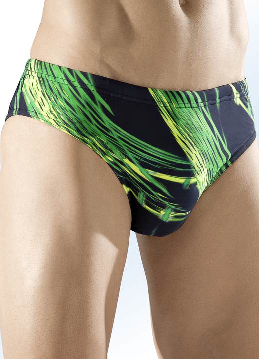 Badehosen - Badehose in Slipform mit buntem Druckdessin, in Größe 004 bis 009, in Farbe SCHWARZ-BLAU-ROT Ansicht 2