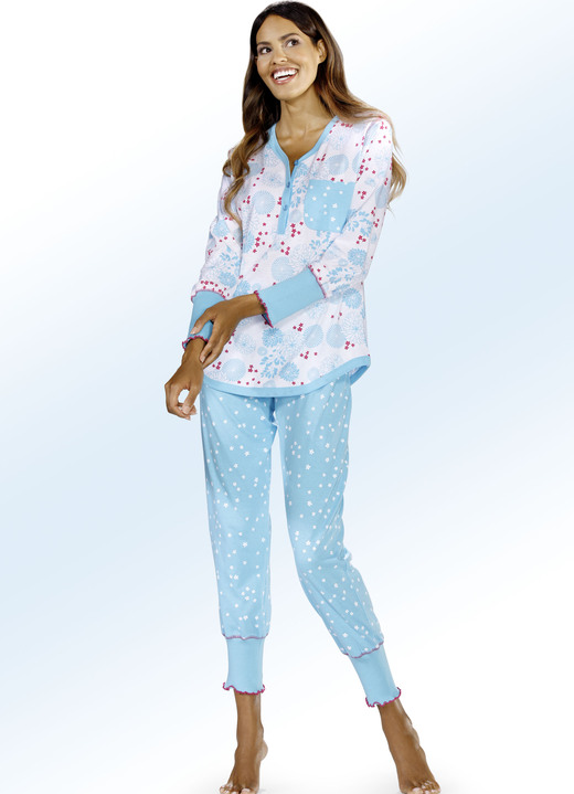 Schlafanzüge & Shortys - Schlafanzug mit Bündchen und Knopfleiste, in Größe 032 bis 050, in Farbe WEISS-TÜRKIS Ansicht 1