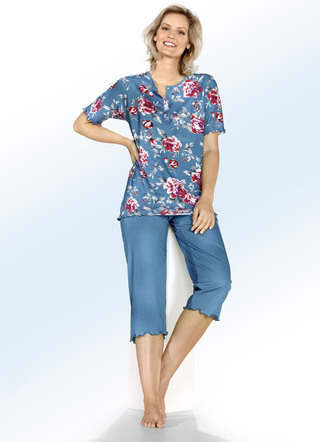 Schlafanzüge & Shortys - Zweierpack Schlafanzüge mit gebogten Abschlüssen und Knopfleiste – Farbe 1X SAFRAN-BUNT, 1X PETROL-BUNT – Ansicht  Schlafanzüge & Shortys - Zweierpack Schlafanzüge mit gebogten Abschlüssen und Knopfleiste, in Größe 036 bis 058, in Farbe 1X SAFRAN-BUNT, 1X PETROL-BUNT – Farbe 1X SAFRAN-BUNT, 1X PETROL-BUNT – Ansicht