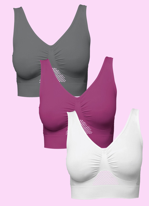 Sport-BH - Dreierpack Sport-BH „Sporty“ Ansicht 2 Sport-BH - Dreierpack Sport-BH „Sporty“, in Größe 3XL bis XXL, in Farbe WEISS-ANTHRA-BEERE Ansicht 2