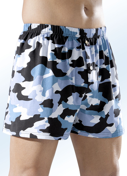 Pants & Boxershorts - Viererpack Boxershorts in Camouflage-Optik, in Größe 004 bis 011, in Farbe 2X BLAU-SCHWARZ-WEISS, 2X SCHWARZ-GRAU-OLIV-WEISS