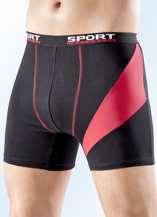 Pants & Boxershorts - Viererpack Pants, uni mit Einsatz und Kontrastnähten, in Größe 004 bis 009, in Farbe 2X SCHWARZ-ROT, 2X NAVY-ROT