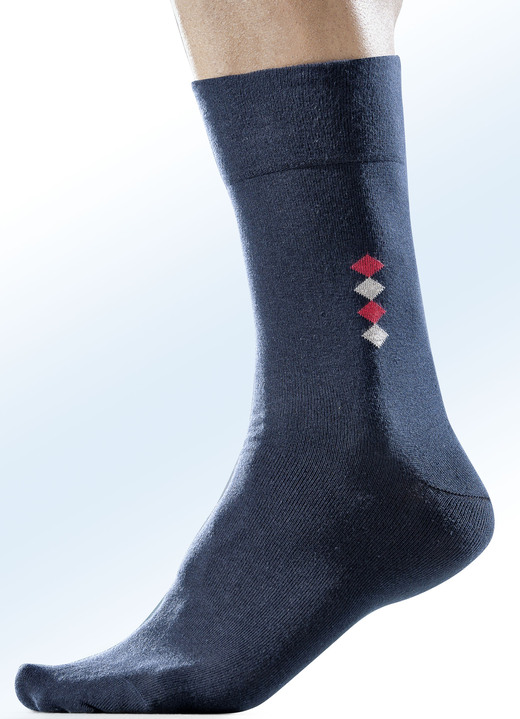 Strümpfe - Fünferpack Socken mit handgekettelter Spitze und druckfreiem Bund, in Größe 001 (Schuhgrösse 39-42) bis 003 (Schuhgrösse 47-50), in Farbe 3X MARINE, 2X HELLGRAU Ansicht 1
