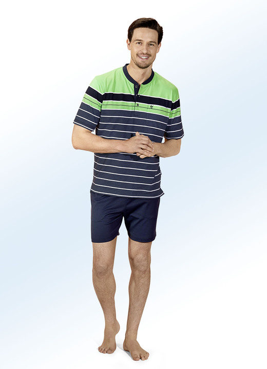 Shortys - Hajo Klima Komfort Shorty mit Knopfleiste, garngefärbtem Ringeldessin, in Größe 046 bis 062, in Farbe MARINE-GRÜN