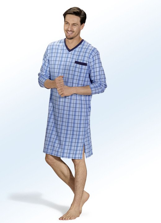 Nachthemden - Nachthemd aus BIO-Baumwolle, mit V-Ausschnitt und Karodessin, in Größe 048 bis 064, in Farbe BLAU-MARINE