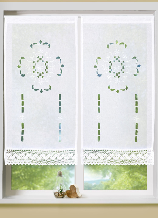 Klassisch - Fenster- und Türbehang mit Stangendurchzug, in Größe 309 (Fensterbehang, H 80xB40 cm) bis 349 (Türbehang, H180xB90 cm), in Farbe WEISS Ansicht 1