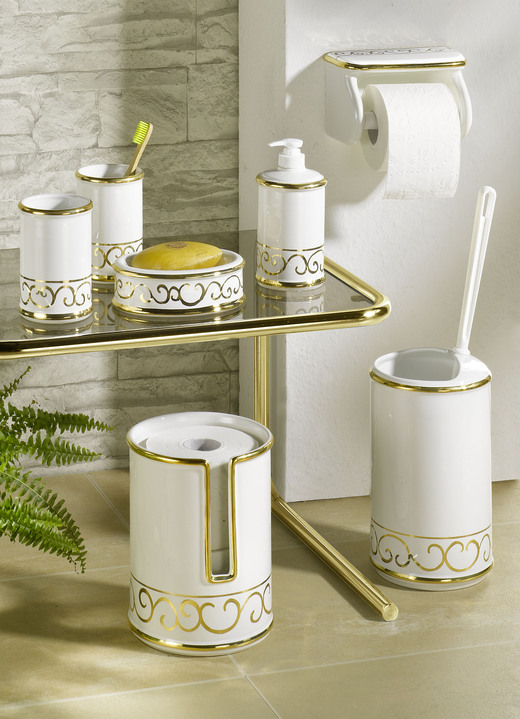 Badezimmeraccessoires - Handbemalte Badezimmeraccessoires aus glasierter Keramik, in Farbe CREME-GOLD, in Ausführung Toilettenpapierhalter