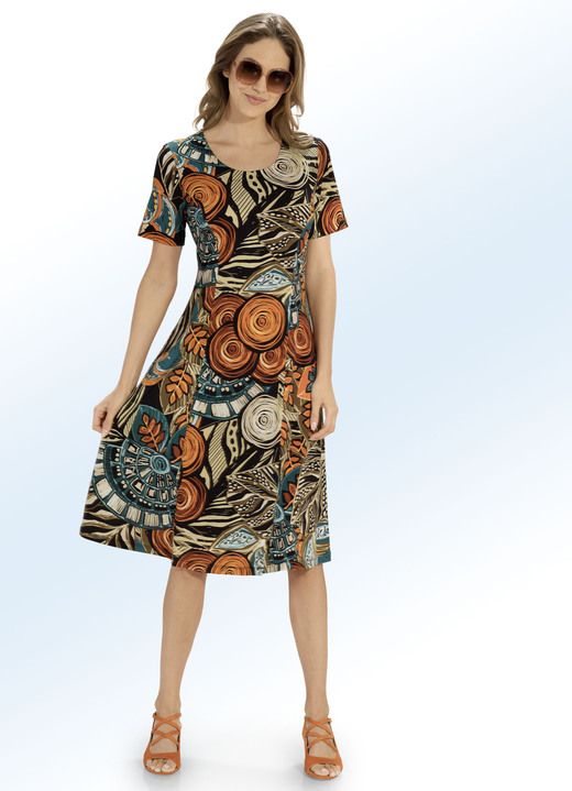 Kleider - Kleid in angesagtem Ethno-Dessin, in Größe 036 bis 052, in Farbe ORANGE-BUNT