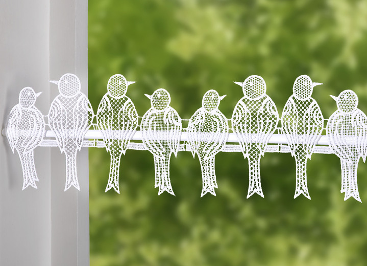 Kurzgardinen - Stangendekoration Spatzen mit Stangendurchzug, in Größe 628 (H13xB 44 cm) bis 660 (H13xB100 cm), in Farbe WEISS Ansicht 1