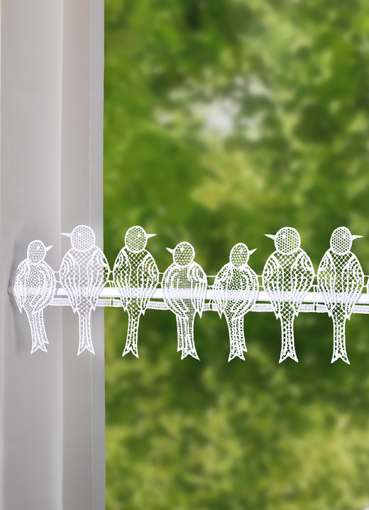 Kurzgardinen - Stangendekoration Spatzen mit Stangendurchzug, in Größe 628 (H13xB 44 cm) bis 660 (H13xB100 cm), in Farbe WEISS Ansicht 2