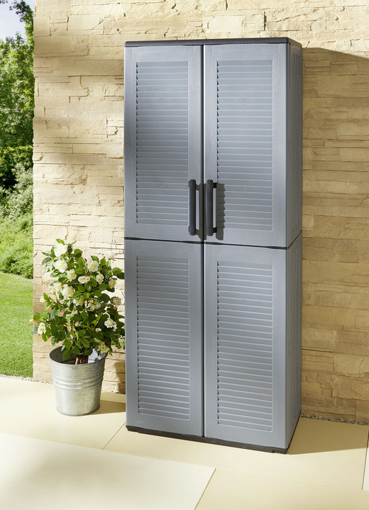 Gartenmöbel - Gartenschrank in Lamellenoptik, in Farbe GRAU-SCHWARZ, in Ausführung klein Ansicht 3
