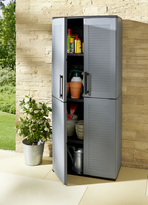 Gartenmöbel - Gartenschrank in Lamellenoptik, in Farbe GRAU-SCHWARZ, in Ausführung klein Ansicht 4