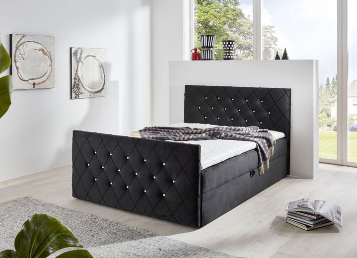 Boxspringbetten - Boxspringbett mit Strasssteinen und Topper, in Farbe SCHWARZ Ansicht 1