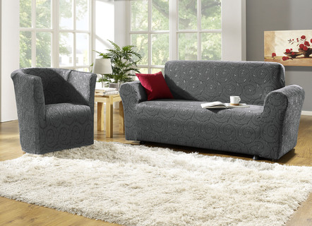 Sessel- & Sofaüberwürfe - Stretchbezüge mit optimaler Passform, in Größe 101 (Sesselbezug) bis 112 (Clubsessel-Bezug), in Farbe CREME – Farbe GRAU – Ansicht 
